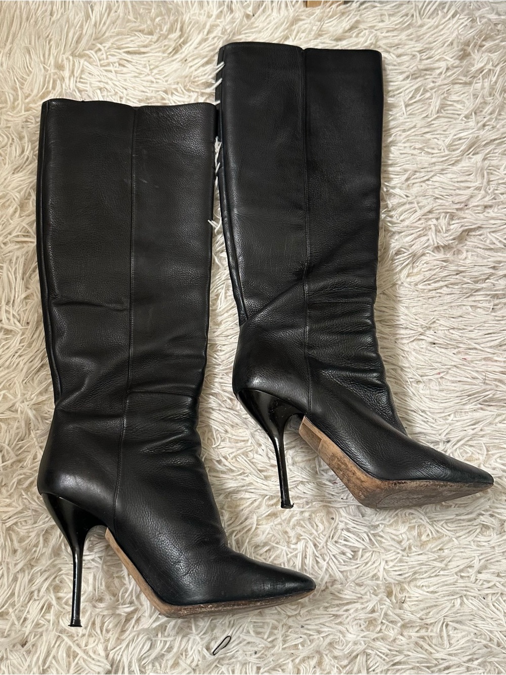 Jimmy Choo Black Leather Knee High Chunky Boot Heels (US 7/ IT 37)